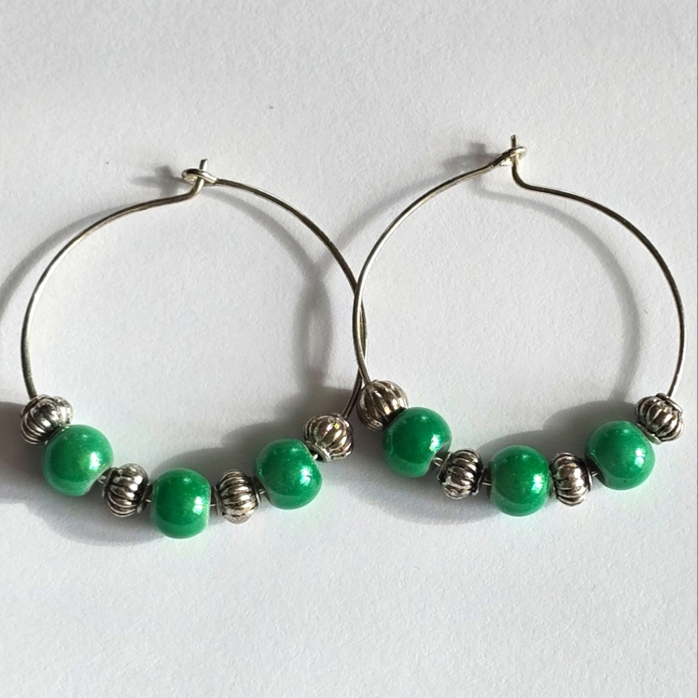 Green beads hoop earrings silver tone boho beaded jewelry bohemian